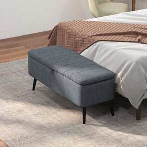Linen Upholstered Storage Ottoman Bench with Steel Legs, Dark Grey