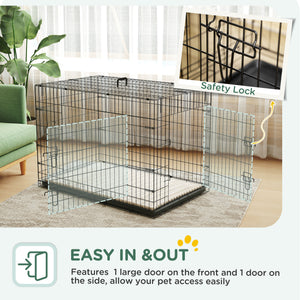 41" Dog Crate with 2 Doors, Foldable Metal Dog Crate with Soft Cushion, Black