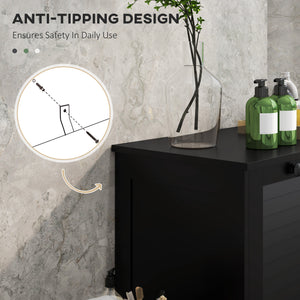 Tilting laundry basket cabinet with 2 baskets and 2 louvered doors, black