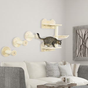 Wall-mounted cat shelf with scratching post and hammock, beige