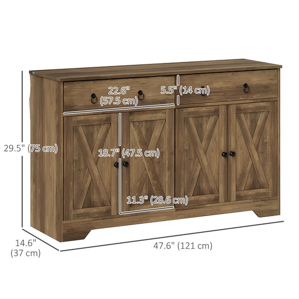 Sideboard with 2 drawers, 4 barn doors and 2 adjustable shelves, light brown