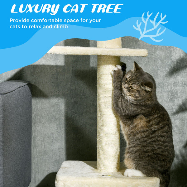 Floor-to-ceiling cat tree with scratching post, house and bed, beige