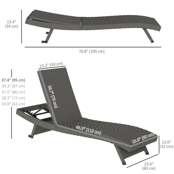 Outdoor Folding Rattan Lounge Chair with 5-Level Adjustable Backrest and Casters, Grey Melange