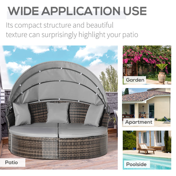 2 Piece Outdoor Rattan Chaise Lounge with Retractable Canopy with Cushions and Pillows, Grey Melange