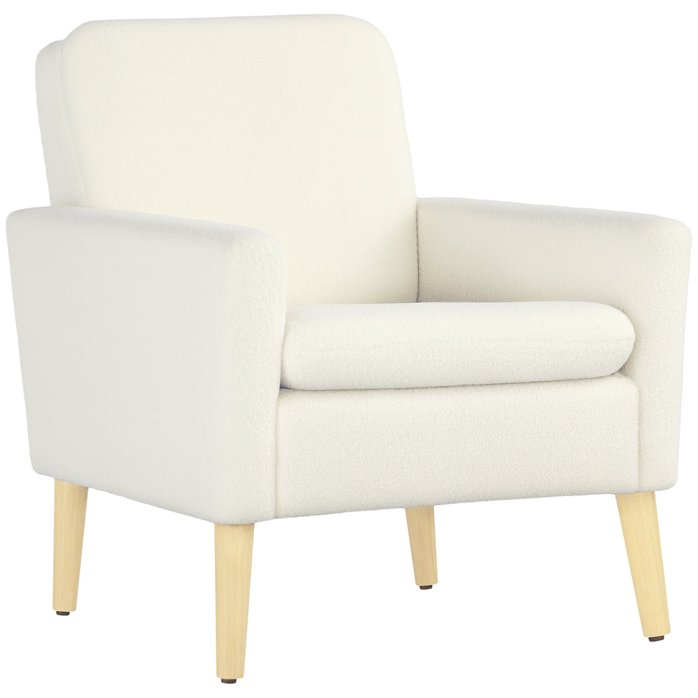 Modern upholstered armchair with wooden legs and wide padded seat, cream white