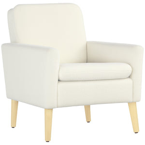 Modern upholstered armchair with wooden legs and wide padded seat, cream white