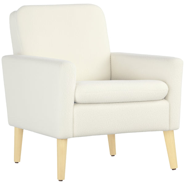 Modern upholstered armchair with wooden legs and wide padded seat, cream white