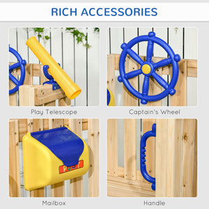 Wooden Kids Swing Set with Slide, Swing Seat, Captain's Wheel, Telescope, for Ages 18-48 Months, Natural