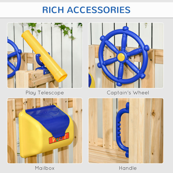 Wooden Kids Swing Set with Slide, Swing Seat, Captain's Wheel, Telescope, for Ages 18-48 Months, Natural