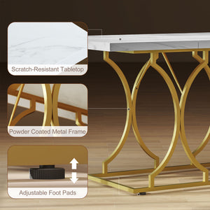 Dining table for 6 people, modern marble pattern kitchen table with metal pedestal, white