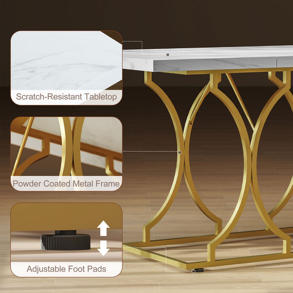 Dining table for 6 people, modern marble pattern kitchen table with metal pedestal, white