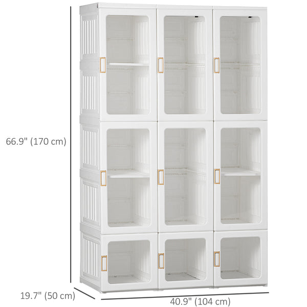 Foldable and portable wardrobe with cube storage, hanging rails, and magnetic doors, white