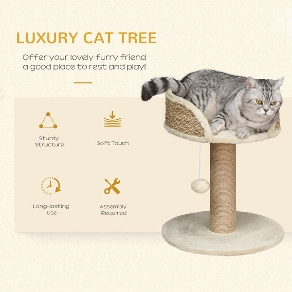 Cat tree with scratching post, play ball, perch and small tower, beige 