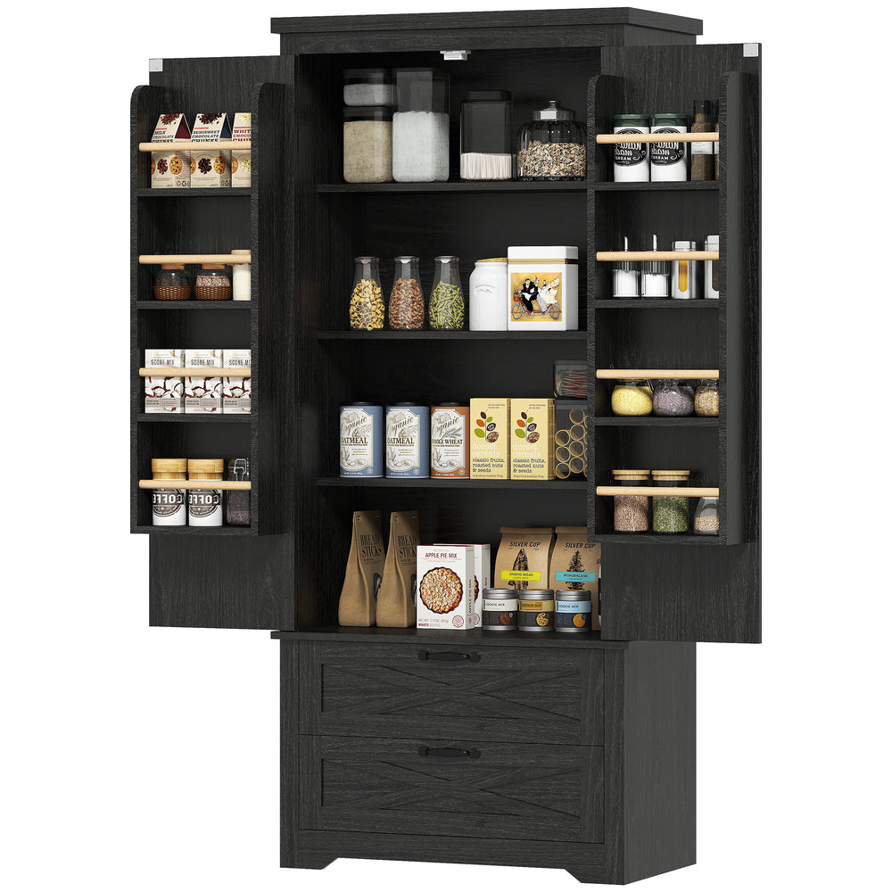 Country Style Pantry with Drawers, Distressed Black