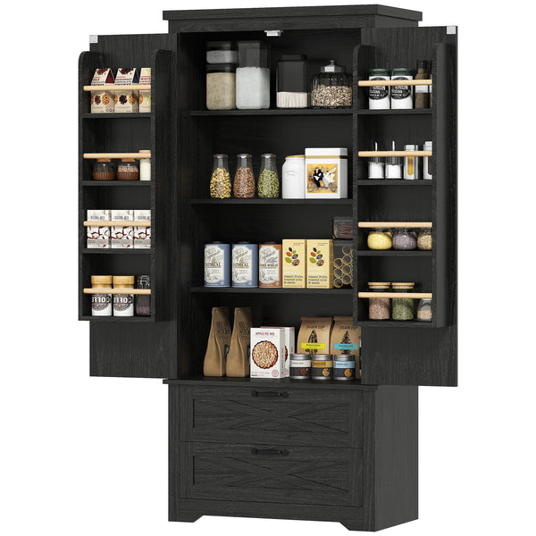 Country Style Pantry with Drawers, Distressed Black