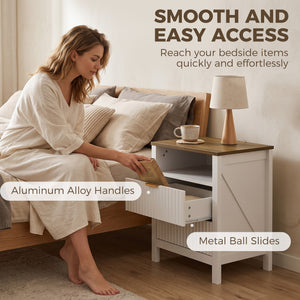 Bedside table with 2 drawers, open shelf and walnut-effect top, white