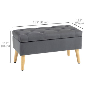 Storage ottoman with velvet upholstered lid and wooden legs, anthracite grey