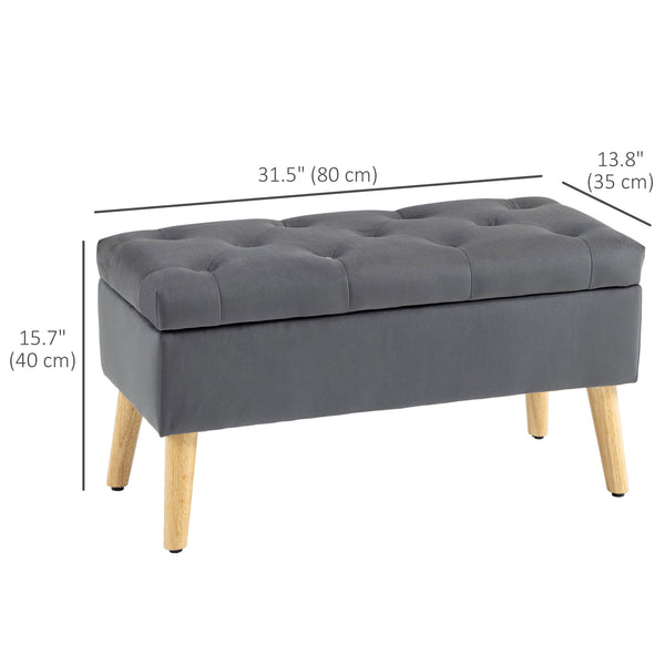 Storage ottoman with velvet upholstered lid and wooden legs, anthracite grey