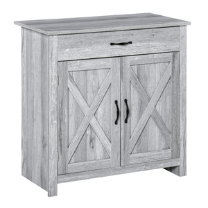Farmhouse style buffet with barn-style sliding doors, distressed gray finish