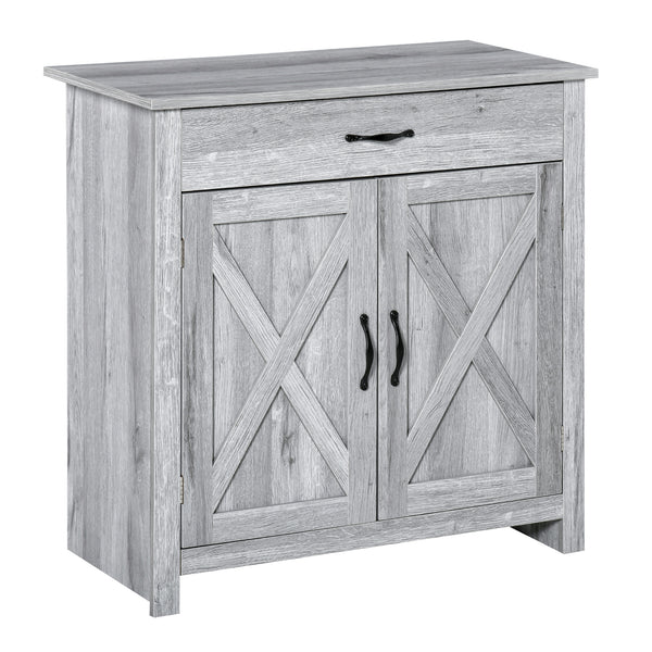 Farmhouse style buffet with barn-style sliding doors, distressed gray finish