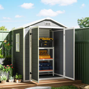 Plastic garden shed with double door and ventilation, grey