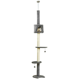 PawHut 4-Level Cat Tree, Ceiling Height, High Tower with Scratching Post, Soft Padding, Play Ball, Indoor Cat House, Light Grey