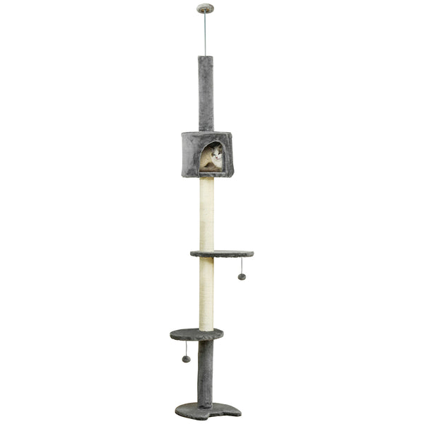 PawHut 4-Level Cat Tree, Ceiling Height, High Tower with Scratching Post, Soft Padding, Play Ball, Indoor Cat House, Light Grey