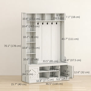 Hallway furniture with bench, coat rack, 12 shelves, 2 cupboards, 5 hooks, white wood look