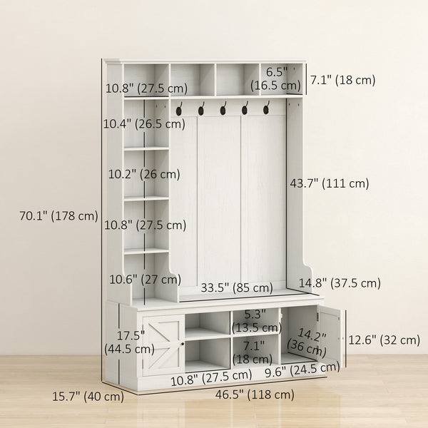 Hallway furniture with bench, coat rack, 12 shelves, 2 cupboards, 5 hooks, white wood look