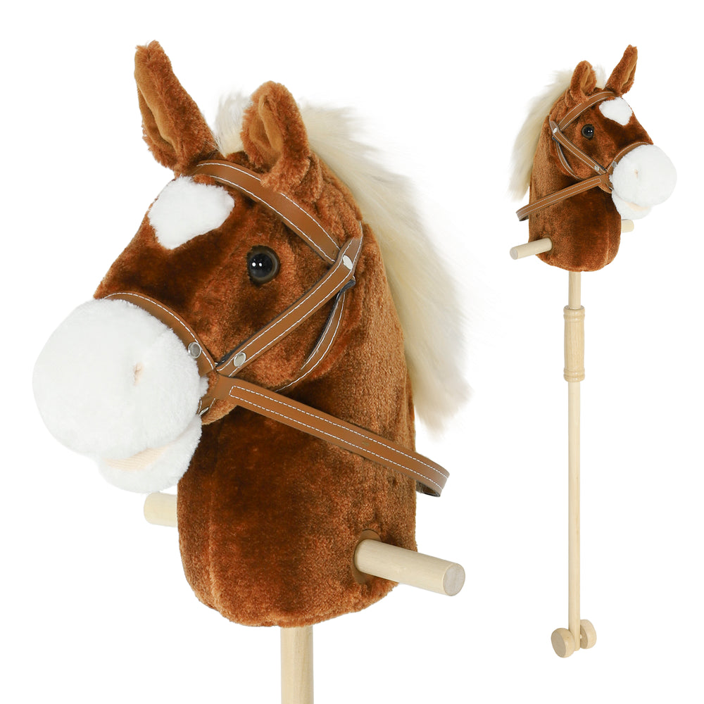 Plush horse with wooden wheels, whinnying and galloping sounds, brown