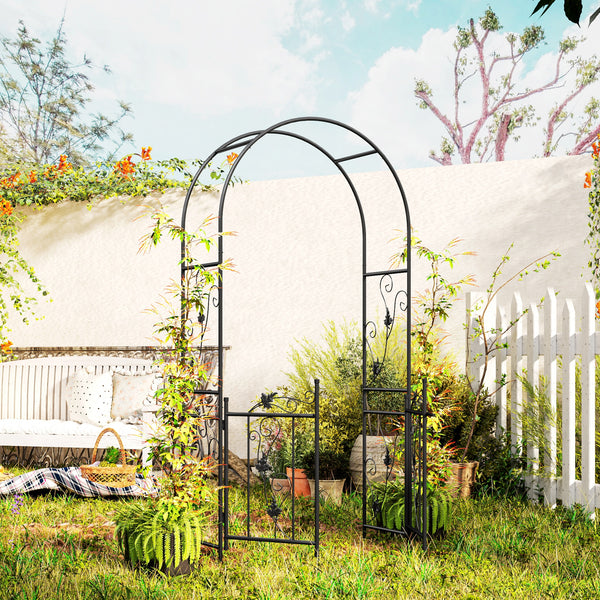 7ft Steel Garden Arch with Gate, Trellis for Climbing Plants, Roses, Vines, Wedding Arch for Outdoor, Garden, Lawn, Backyard, Black