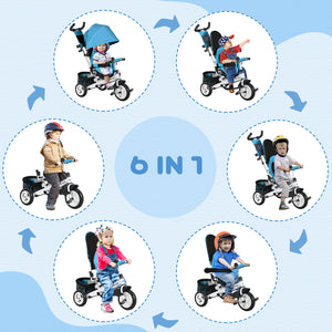 6 in 1 Toddler Tricycle for 1-5 Years Old with Parent Handle, Blue