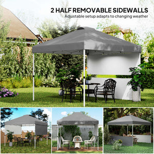 Folding shelter 10 x 10 with 2 half side walls, UV50+ protection, dark grey