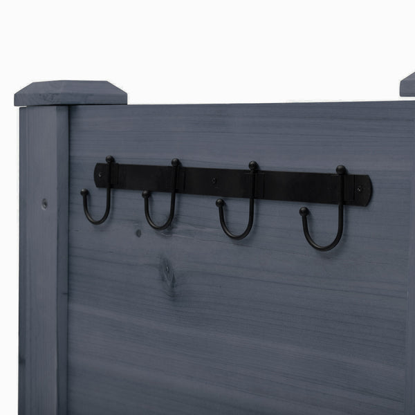 Raised wooden plant stand with hooks, grey