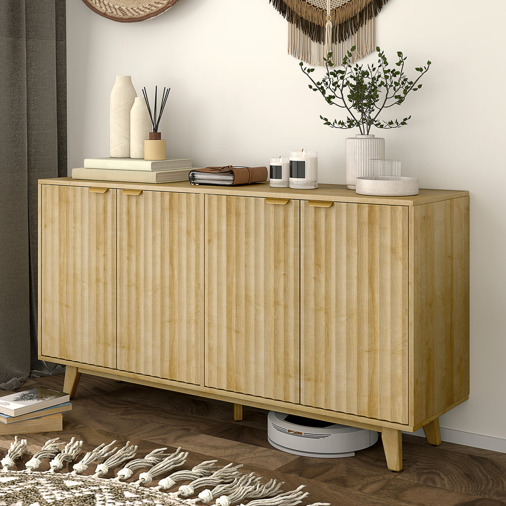 Fluted sideboard, 140 cm bar cabinet, 4 doors, 2 adjustable shelves, 5 wooden legs, natural wood