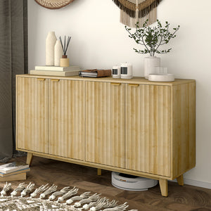Fluted sideboard, 140 cm bar cabinet, 4 doors, 2 adjustable shelves, 5 wooden legs, natural wood
