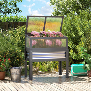 Jardinière surélevée avec dessus de serre relevable, bac à plantes surélevé en bois avec pieds et doublure, gris