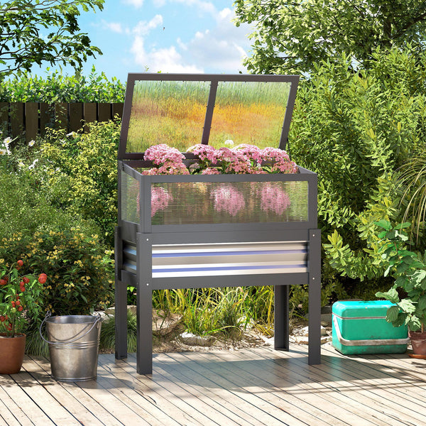 Jardinière surélevée avec dessus de serre relevable, bac à plantes surélevé en bois avec pieds et doublure, gris