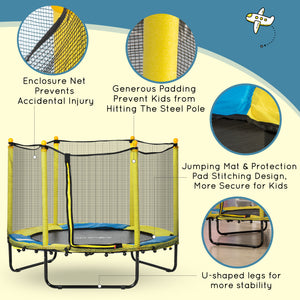 1.4m Kids Trampoline with Safety Enclosure Net for Indoor and Outdoor Use, Yellow