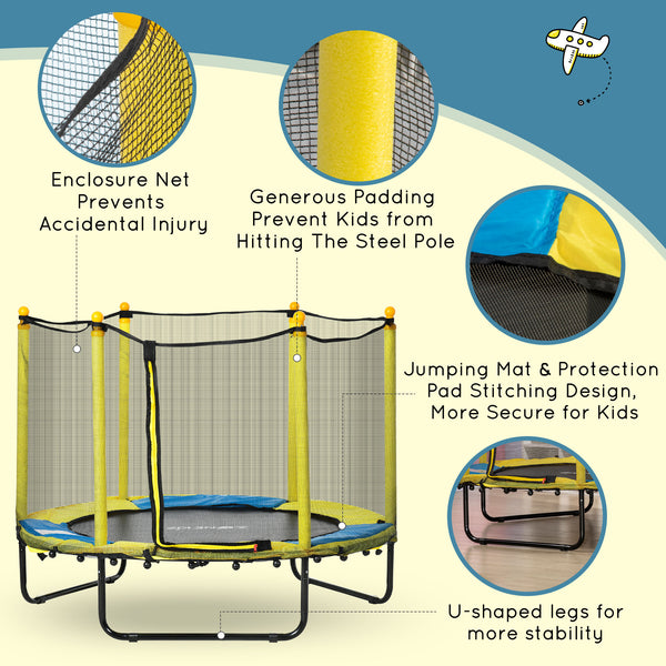 1.4m Kids Trampoline with Safety Enclosure Net for Indoor and Outdoor Use, Yellow