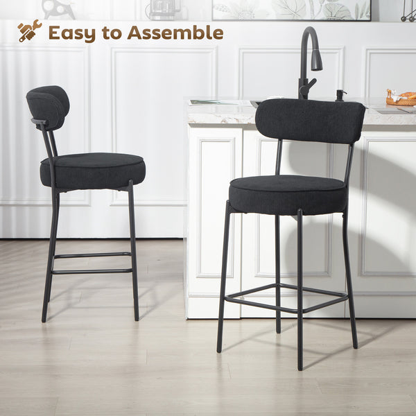 Set of 2 padded bar stools in corduroy, black