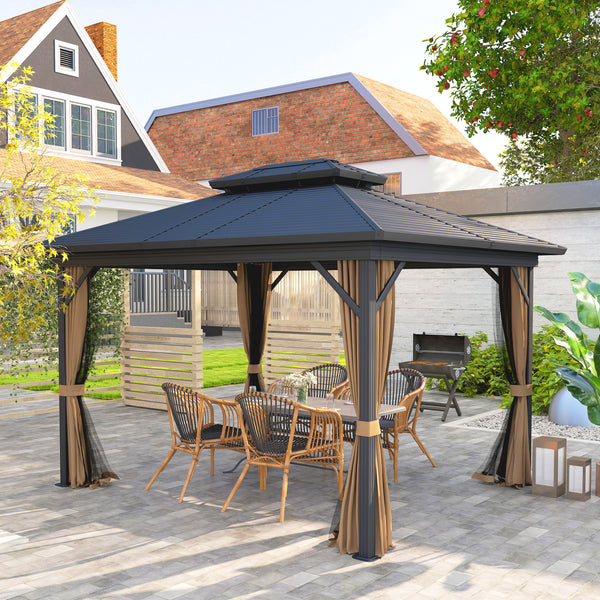 10' x 12' Hardtop Gazebo, Sun Shelter with Two-Tier Metal Roof, Mosquito Netting and Hanging Hook, Dark Brown