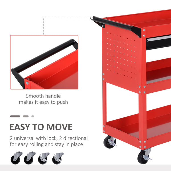 Utility trolley with ball-bearing drawer for garage, warehouse, workshop, red