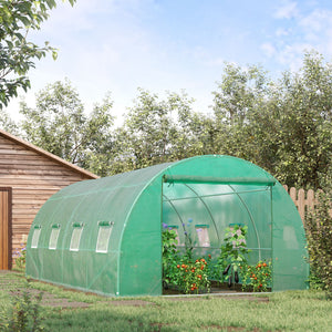 Tunnel greenhouse with roll-up zippered door, 8 mesh windows, green