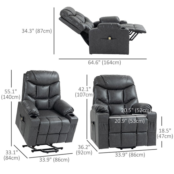 Leather Power Recliner Lift Chair with Remote Control and Cup Holders, Grey