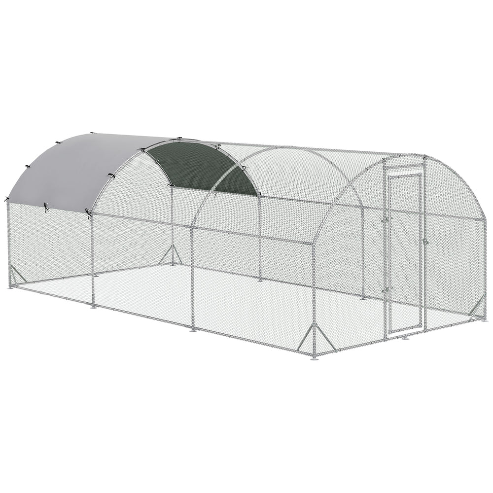 Large galvanized metal chicken coop with outdoor run