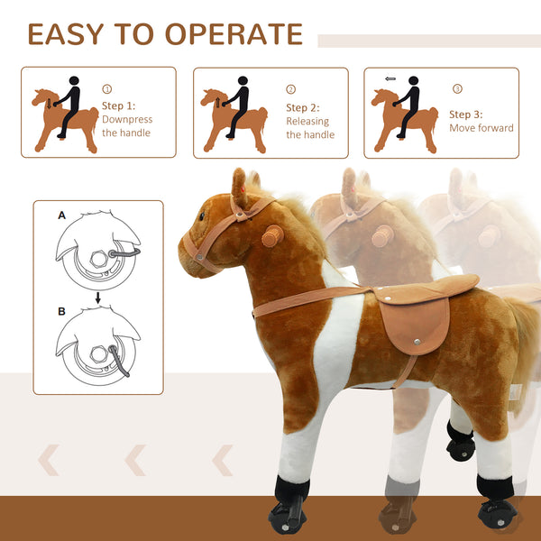 Rocking horse with sounds and wheels, brown