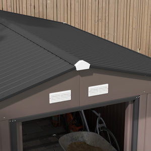 9' x 10.6' Garden Shed with Foundation Kit, Metal with Double Doors, Brown