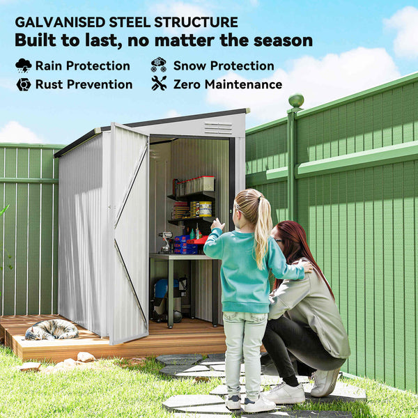 Lean-to metal garden shed with lockable door and ventilation, white