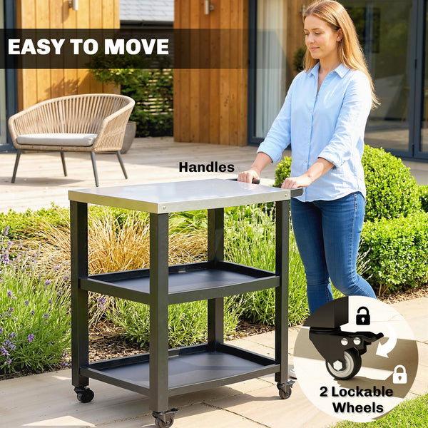 Outdoor kitchen trolley with stainless steel top, 2 shelves with lockable wheels
